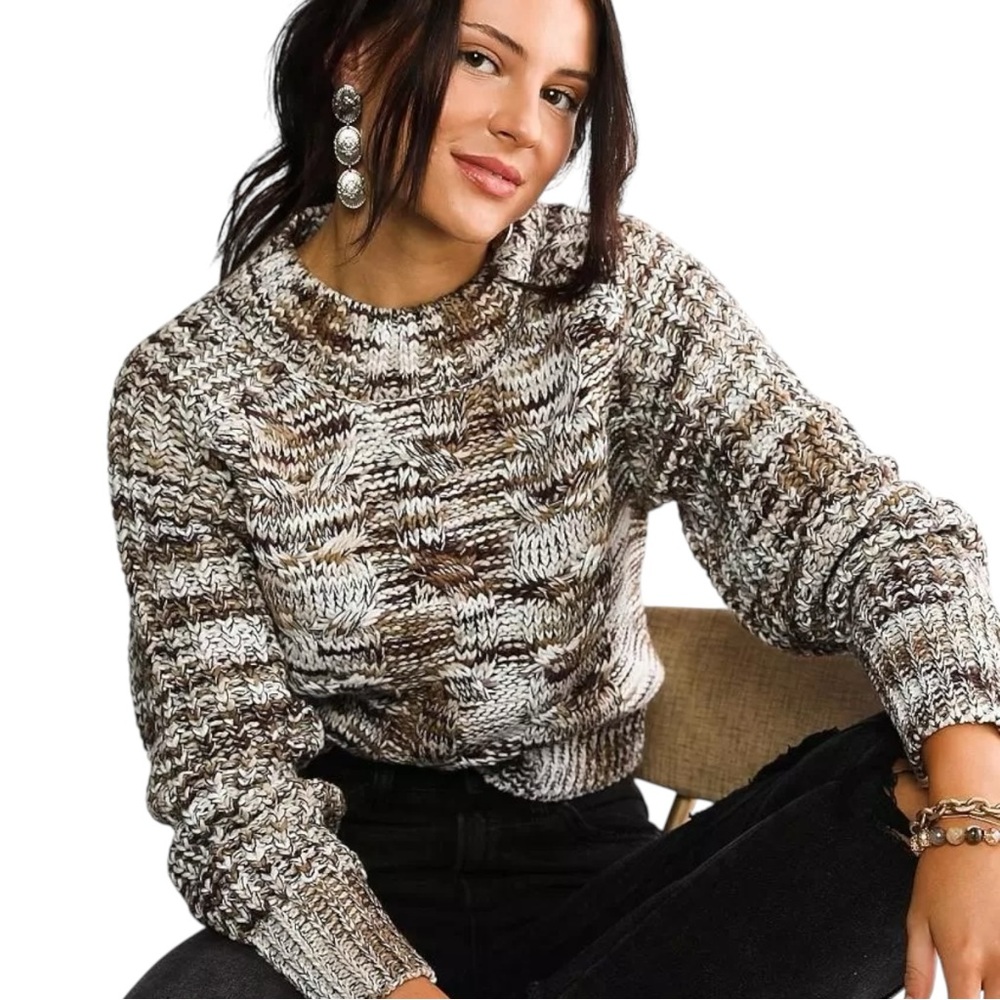 NWT Gilded Intent Marled Sweater Buckle Cable Knit Cropped Brown Size Medium NEW